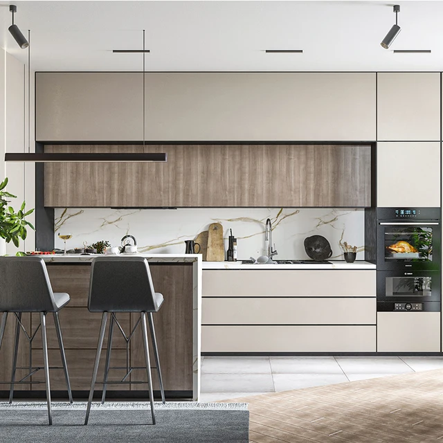 SNEJ Wholesales Modern Kitchen Furniture Design Wood Luxury Kitchen Cabinets with Furniture Handle for Villa from China