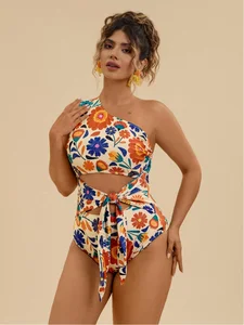 Plus Size Tropical Green Plant Print Cutout Tie-Front One-Piece Swimsuit, Casual Holiday Wear