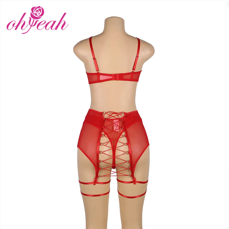 Wholesale Ohyeah Plus Size Expert Mesh Underwire Garter Lingerie Set