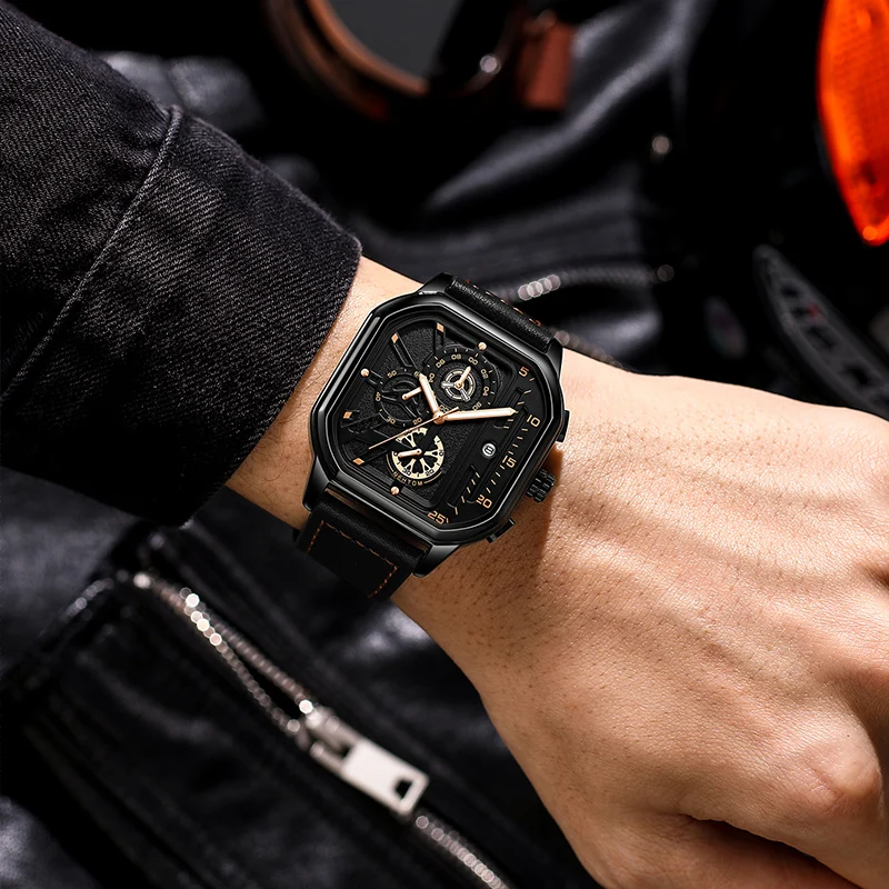 Часы наручные NEKTOM Мужские кварцевые спортивные водонепроницаемые люксовые с кожаным ремешком квадратной формы