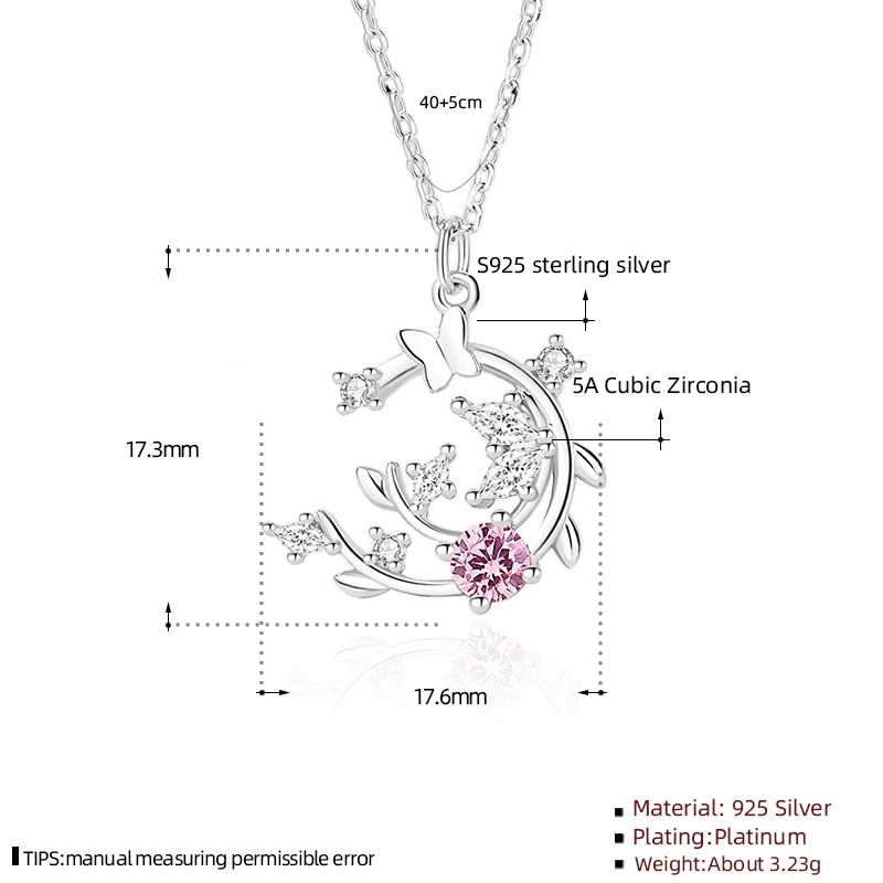 FDXZ-185 Design S925 Sterling Silver Pink Fairy Butterfly Crescent