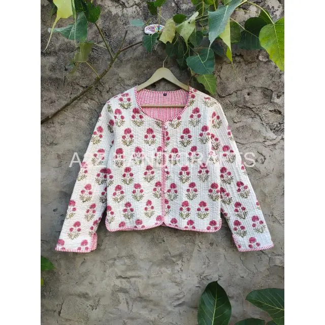 Hand Block Flower Print Winter Jacket Women Clothing White & Pink Indian Kantha Jacket Cotton Quilted Coat, Boho, Hippie