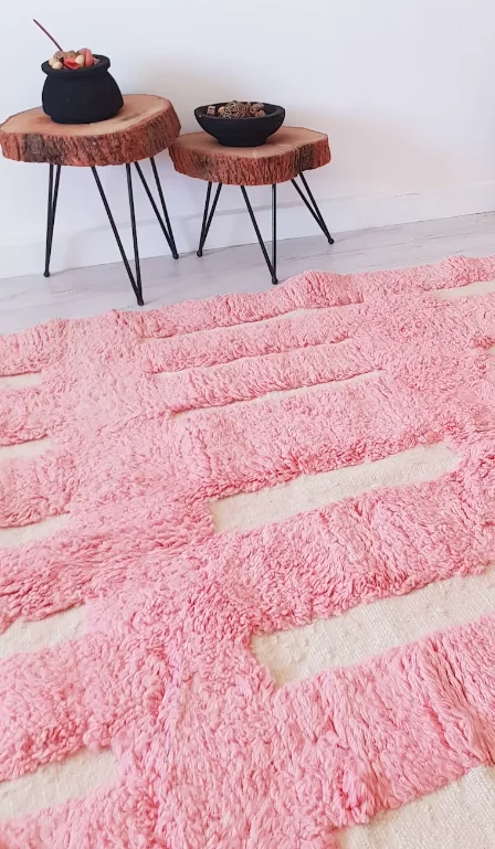 Tapis Beni Ourain Marocain 6x8 Pieds - Laine Tissée Main - Design Géométrique Rose Doux - Neuf
