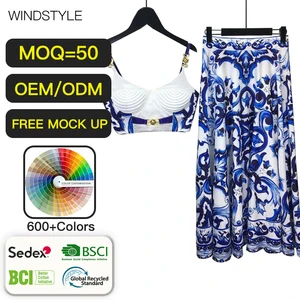 Custom Ladies Blue and White Satin Halter Top Half-Length Dress Sexy Floral Printed Formal Satin Skirt Set for Summer