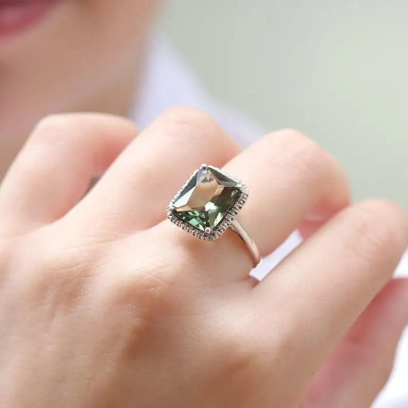 2023 Latest New Design Ring With Octagon Cut Green Tourmaline & Diamond Ring 18k Solid Gold Wedding Engagement Rings for Women