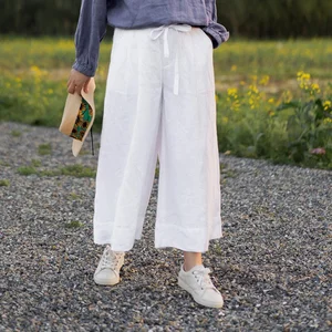 Handmade Custom High-Waisted Summer Pants Women Linen Woven Wide Leg Eco-Friendly Breathable Button Geometric Pattern Regular