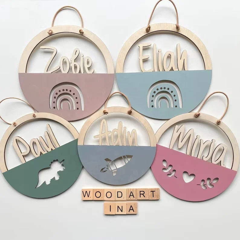 Round Wooden Photo Frame with Personal Name Engraved Gentle Pastel Printed for Bedroom Hanging Decor or Home Storage Design