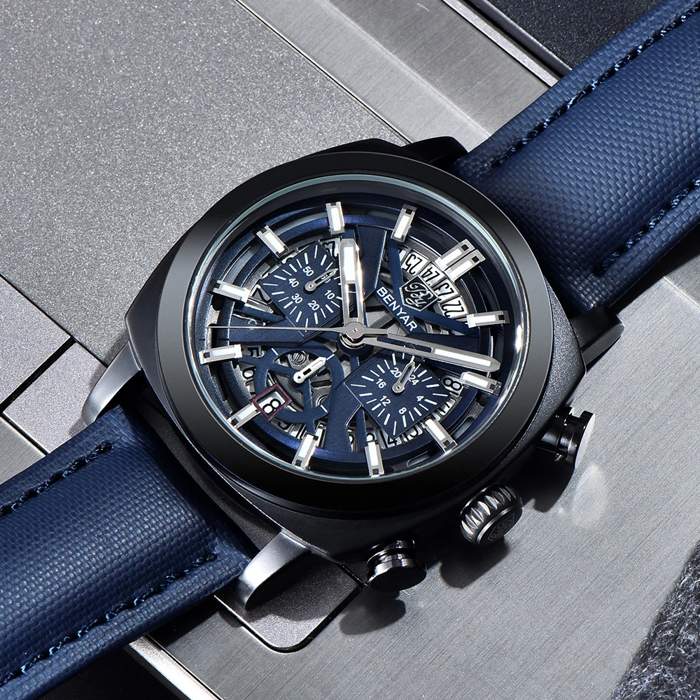 Benyar 5205 New Fashionable 43mm Luminous Dial Men's Quartz Wristwatch Chronograph 50m Waterproof Men's Watch Masculino