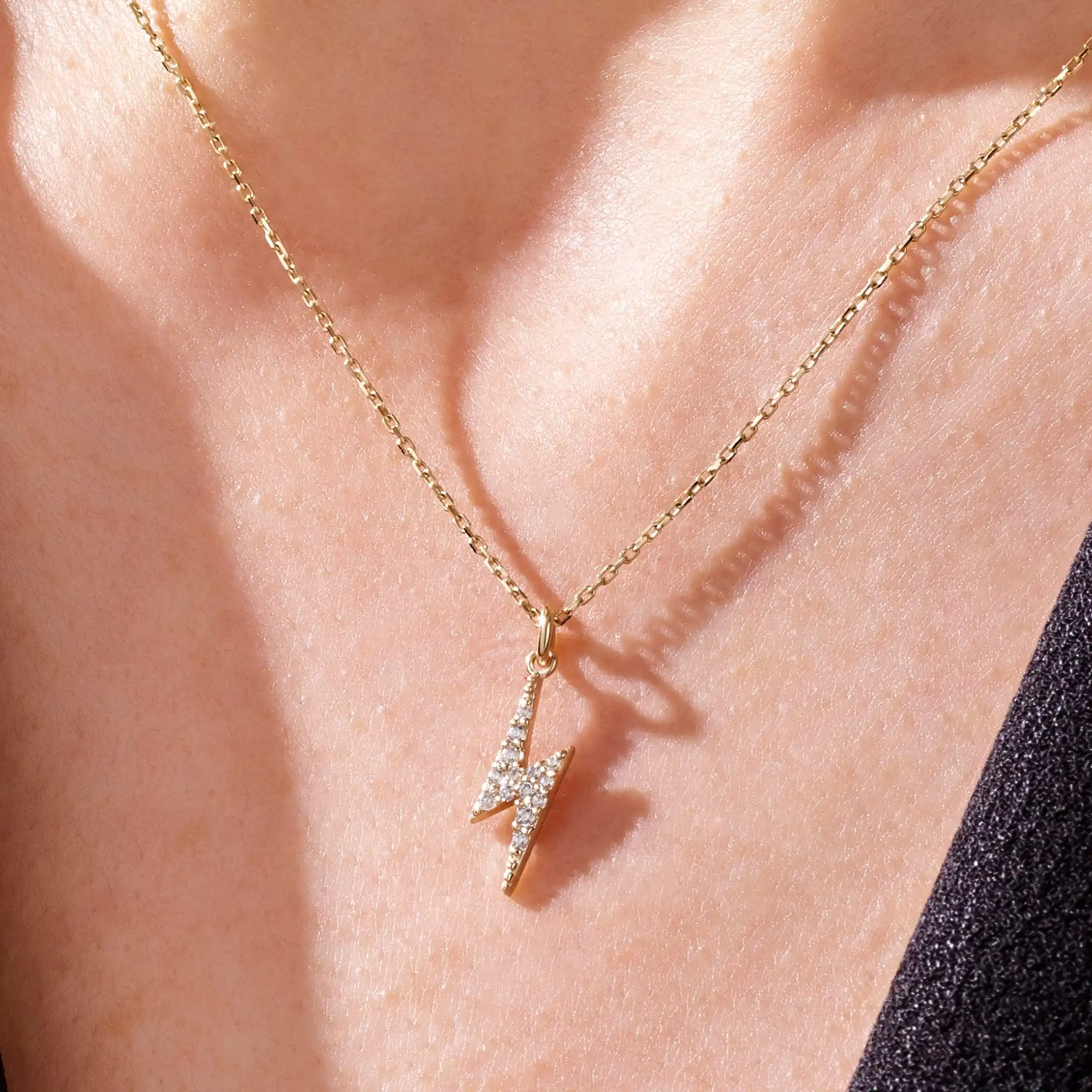 14k Solid Gold Real Diamond Lightning Unique Bolt Charm Pendent