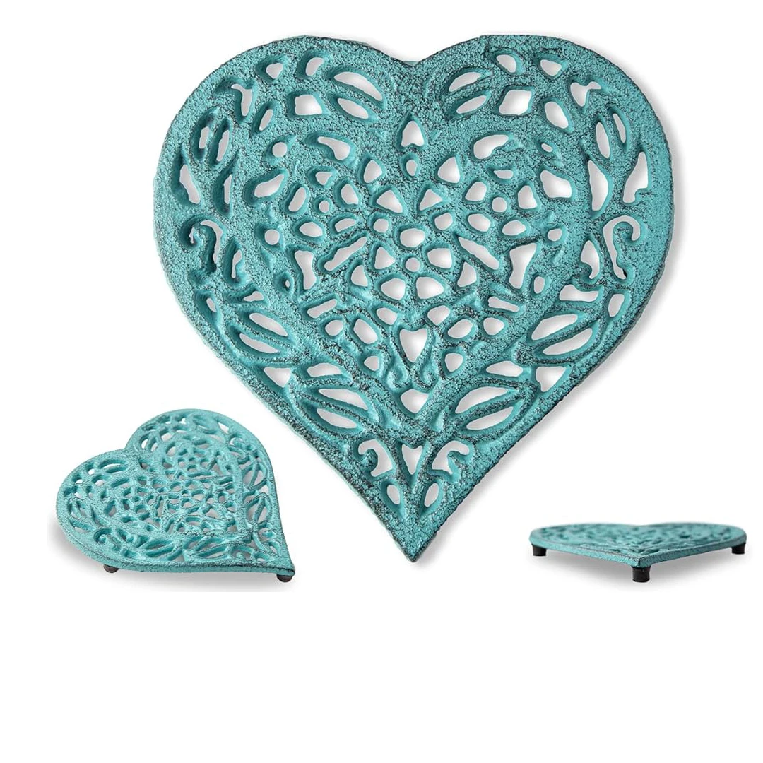 Blue Colored Cast Iron Heart Trivet Decorative Cast Iron Trivet for Kitchen Countertop Dining Table Vintage Design Kitchenware
