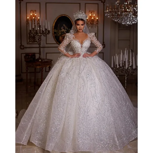 Mumuleo Luxury Wedding Dress Princess Dresses V-Neck Beading Illusion Floral Sleeve Sparkly Crystal Fluffy Skirt Bride Gowns