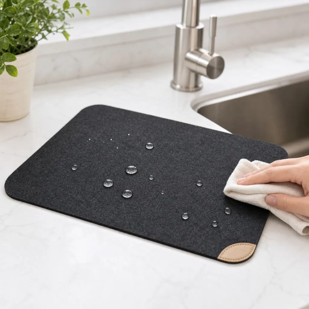 Cleaning the felt placemat set by wiping the felt table mat surface with a cloth