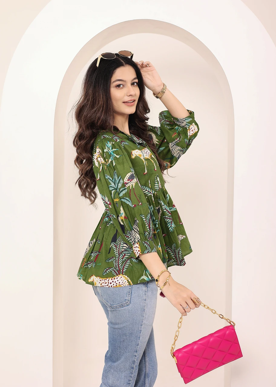 Shop Our Green Tropical Print Balloon Sleeve Peplum Top