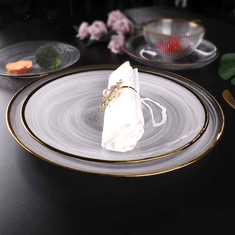 New Arrival Dinnerware Wedding Banquet Glass Decoration Plates Smokey Clear Gold Rimmed Charger Plates