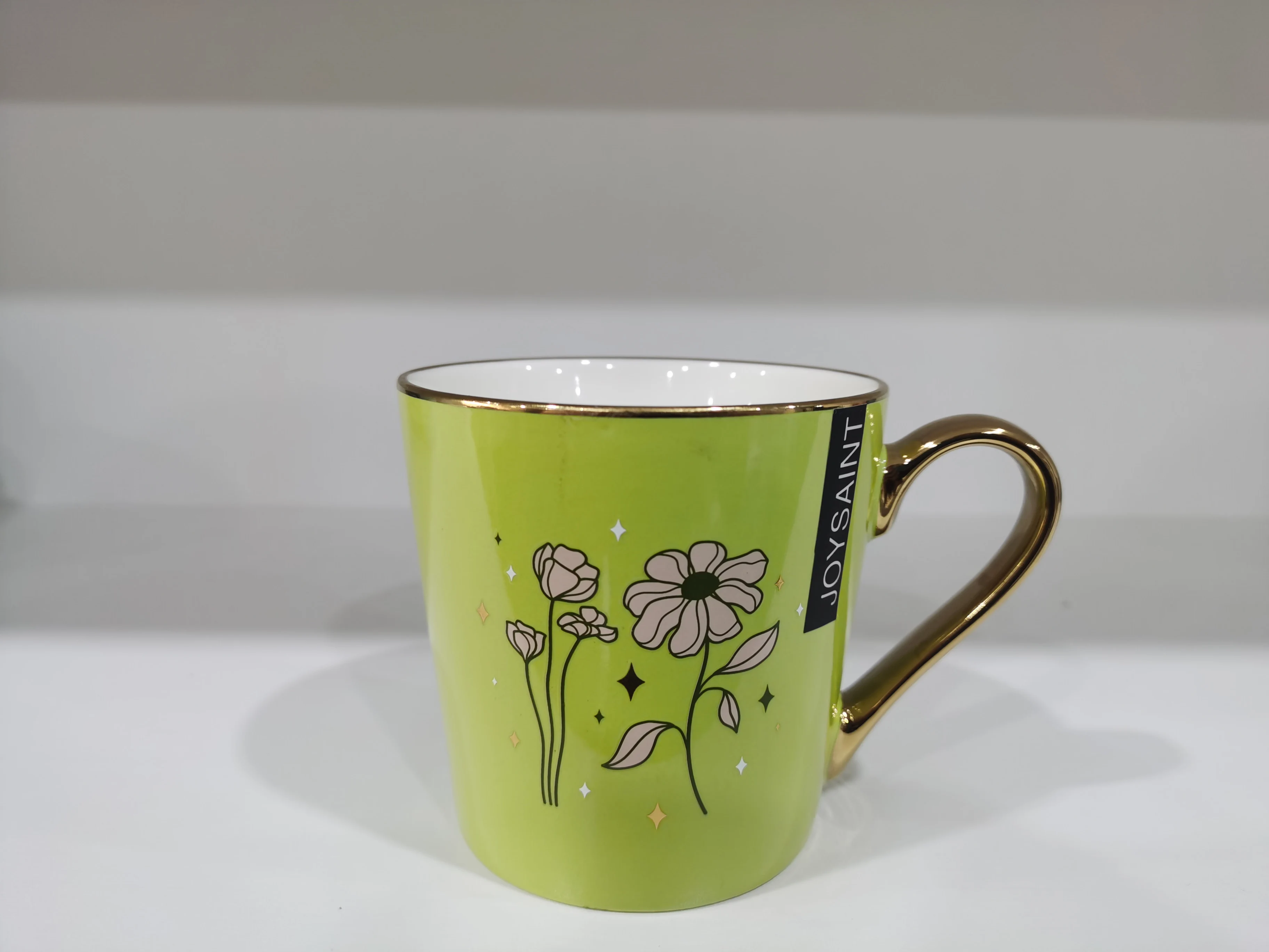 Flower Decal Gift Ceramic Coffee Mug with Golden Handle