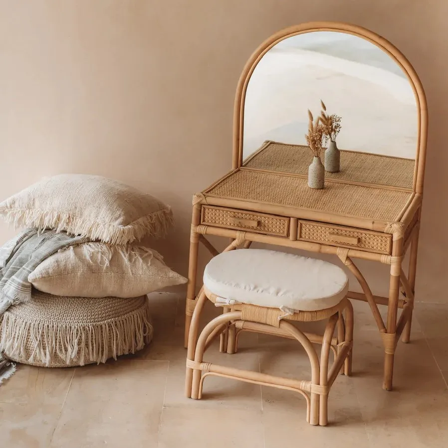 Modern rattan dressing table and stool set with mirror home decor furniture wicker dressing tables