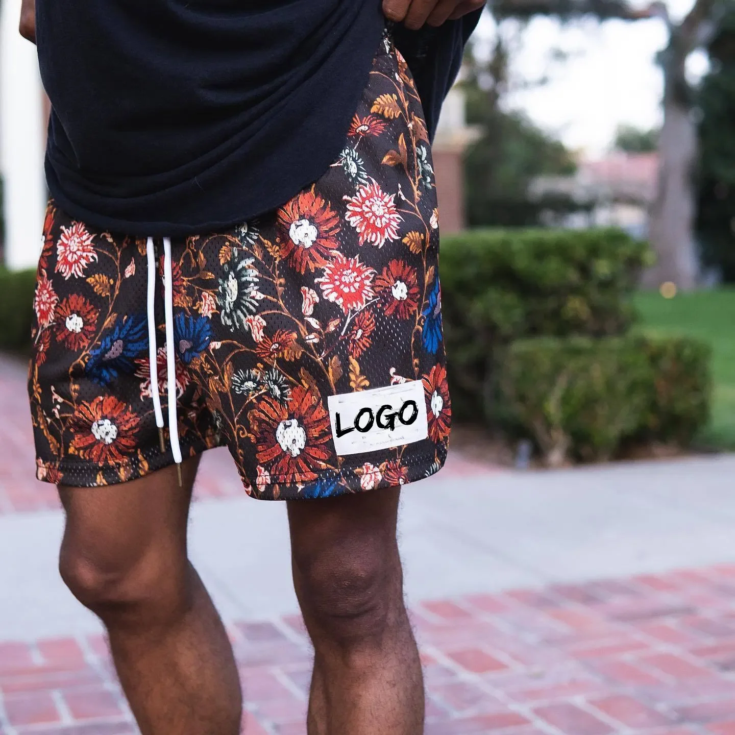 Custom Split Side Pockets Florals Design Vacation Beach Hot Sex Polyester Shorts Unisex Mesh Shorts