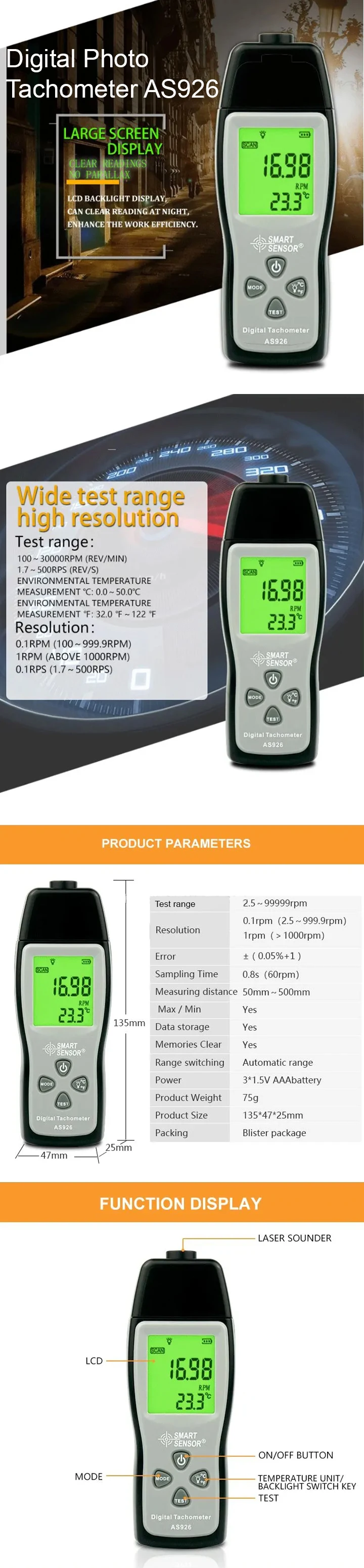 Smart Sensor AS926 - Precision Tachometer for Speed Measurement