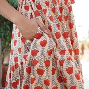 Women's Maxi-length Summer Cotton Dress Hand-Block Printed Solid Pattern Sustainable Sleeveless Mandarin Collar Long Maxi Dress
