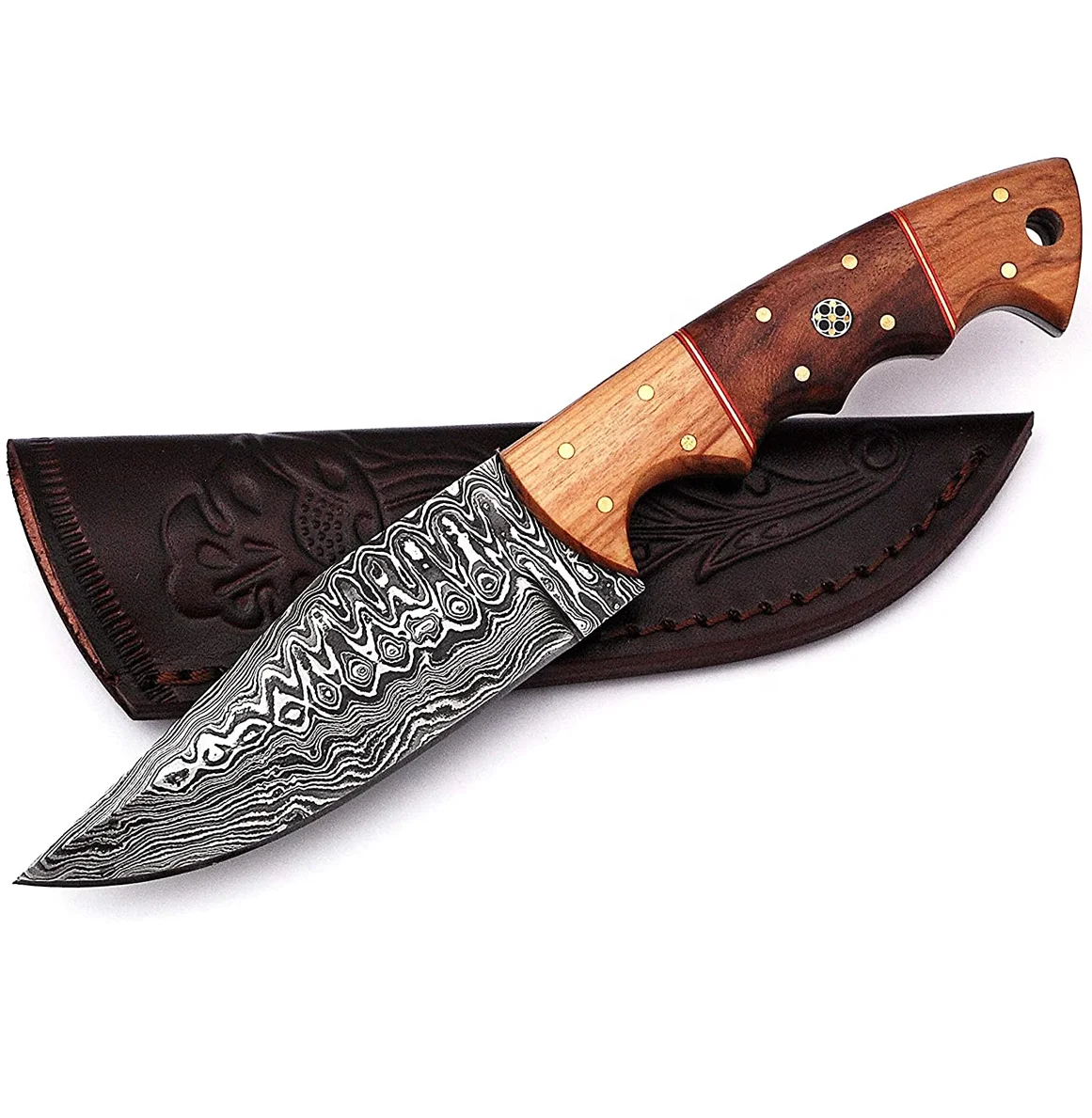 Damascus Steel Hunting Knife, Handmade Full Tang Skinner Knife, Fixed-Blade- Knife & Hunting Knife, Camping Knives & Hunting Knives, Olive Wood & Rose  Wood Handle with Leather Knife Sheath