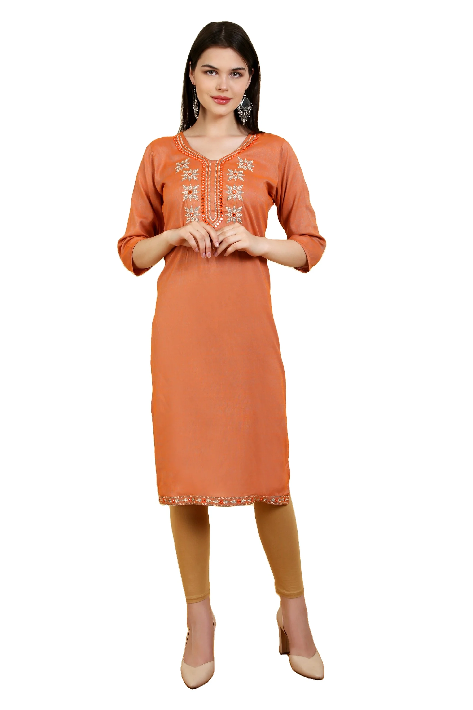 Fashion Latest Design Sea Green Cotton Embroidered Work Kurta For Women