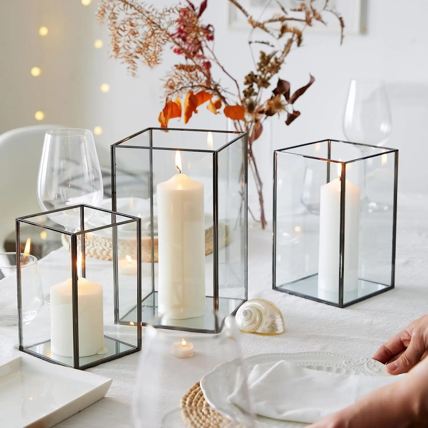 Modern Square Hurricanes Candle Holders Set 3 Pieces Transparent Glass Metal Black Border Eco-Friendly Easter Handmade Home