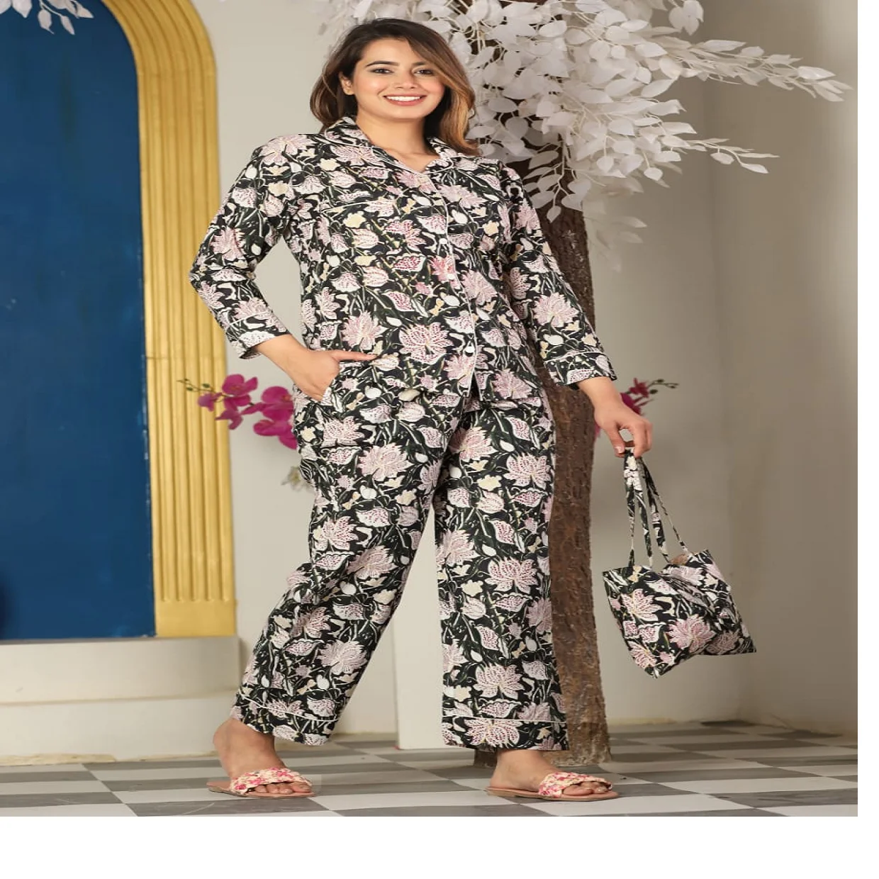 Custom Made Cotton Printed Night Dress ,available in Sizes for Girls and  Women in Big Floral Design for Resale.
