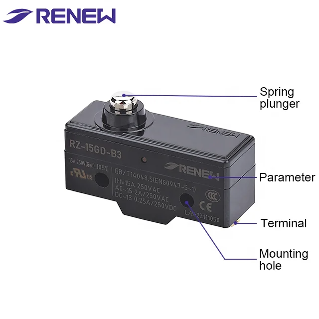 Renew RZ-15GD-B3 Limit Switch, SPDT 15A, CE Certified, IP00, UL