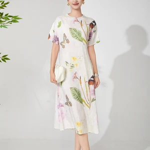 Direct From the Factory Women's Fashion Dress Stretch Print Dress Summer Short Sleeve Miyake Pleated Dress