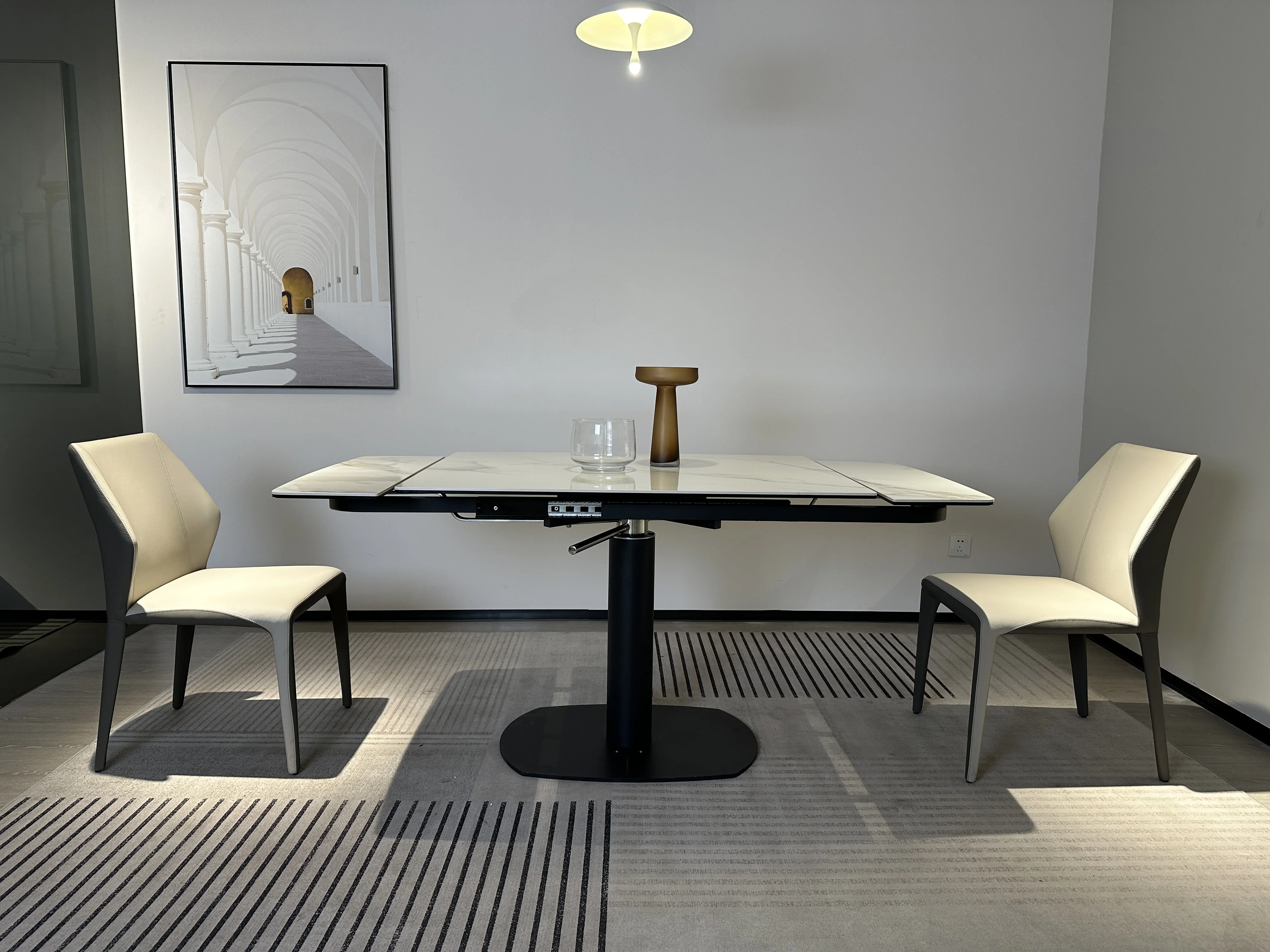 Modern Multifunctional Extendable Dining Table With Slate Stone Sintered Marble Top Cone Pedestal Metal Base for Hotel Bar Use