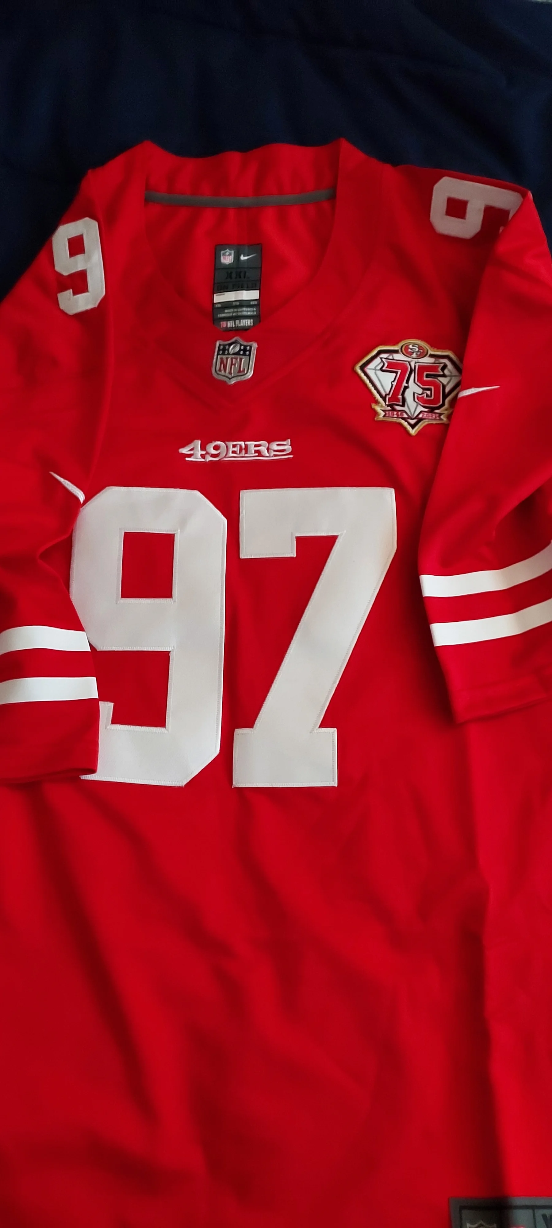 Wholesale Men's Nick Bosa San Francisco 97 Football Jerseys Stitched with  75th Anniversary Patch USA Football VP Limited Jersey- Red From  m.