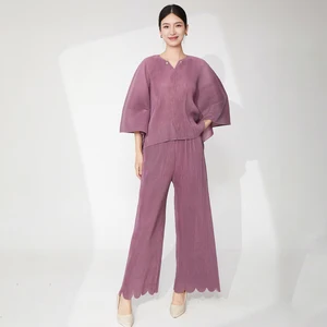 Miyake Casual Set Women's Summer Large Size Loose Irregular T-shirt Top Casual Straight Pants Two-piece Set Women's Fashion Sets