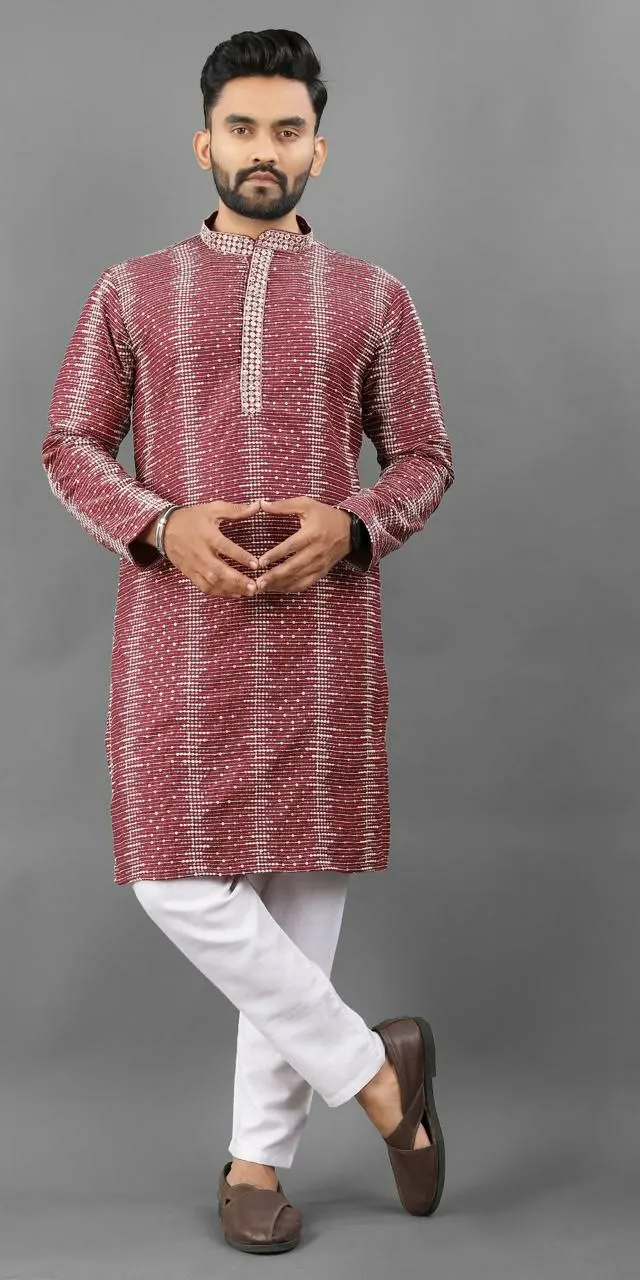 Haldi Special Yellow Color Traditional Look Cheap Price IMPORTAN  FABRIC Thread& Embroidery Work Men's Kurta& Plain White Pent
