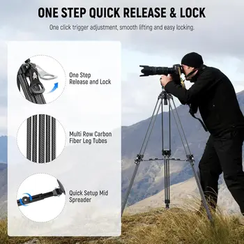 NEEWER 78" Carbon Fiber Video Tripod With Fluid Head, One Step Release Lock Tripod With 6 Level Dynamic Counterbalance, 4 Level detail image