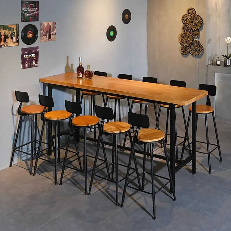 Modern Home Use Solid Wood Bar Counter Table Chair Combination Simple Long  Bar Table with High Footstool for Wall Mounting