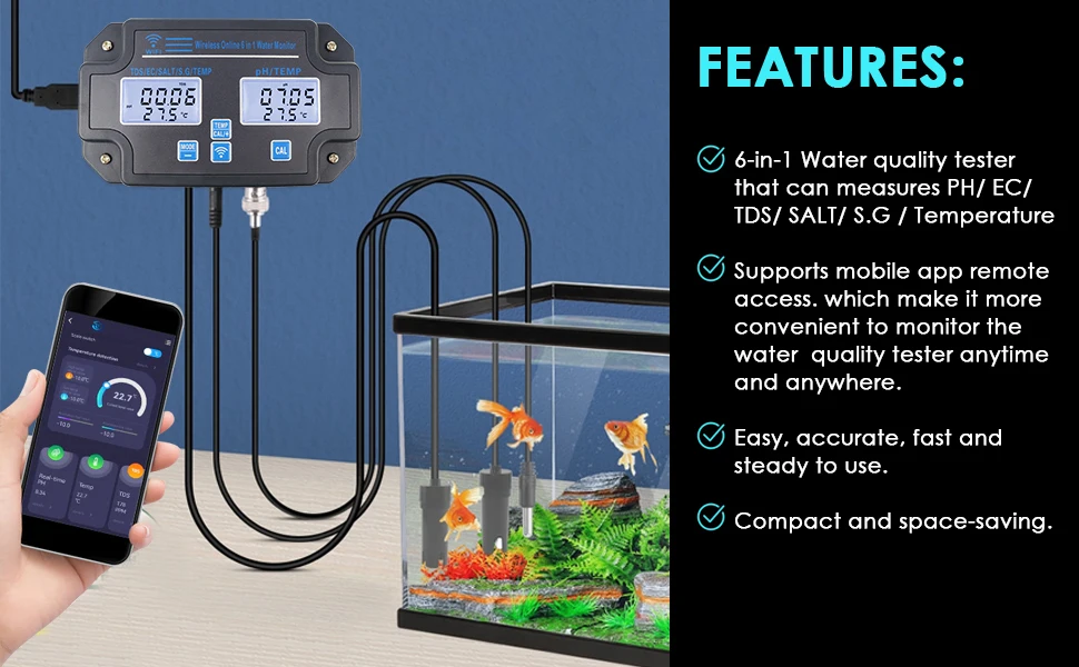 6-in-1 Smart Water Quality Meter Ph / Ec / Tds / Salinity / Sg ...