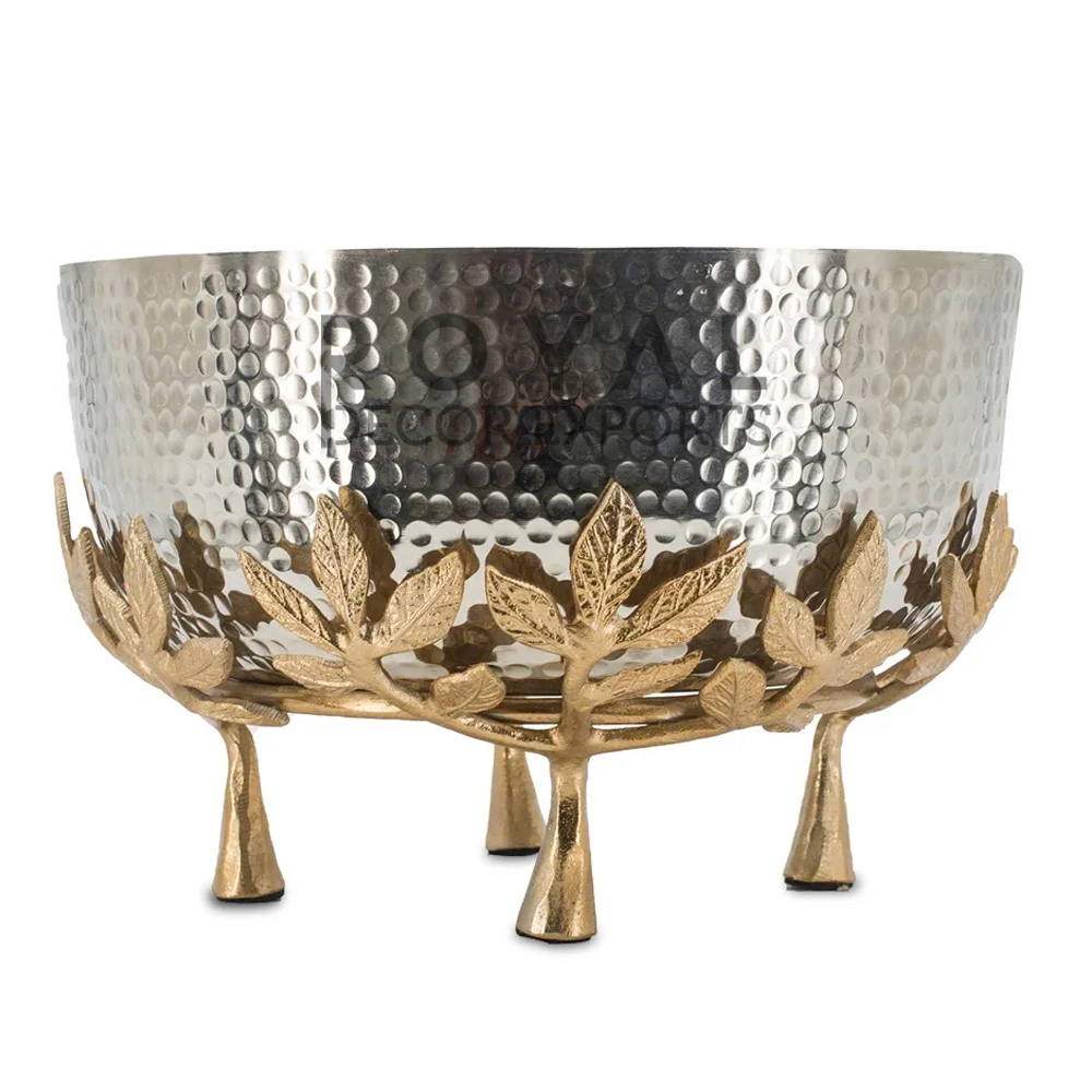 Modern Metal Fruit Bowl Hammered Silver With Fancy Work Round Shape Serving Bowl With Gold Metal