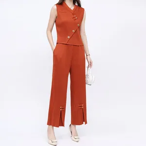 Factory Wholesale Women's Fashion Set Designer Pleated Sleeveless Top and Pants Two Piece Set Women's Office Set