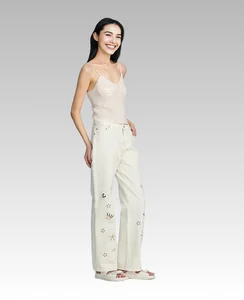 2026 Women's High-Waist Vintage Casual Jeans Autumn Wide Leg Denim Pants with Embroidery Decoration Hollow Shell and Loose Fit