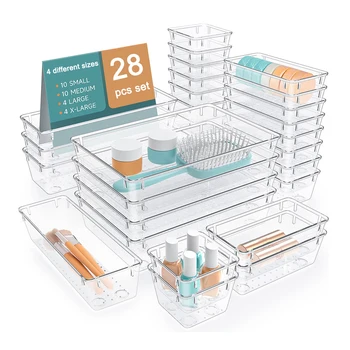 28-Piece Versatile Clear Plastic Drawer Organizer Set Easy-Mount Storage Bins Home Office Bathroom Living Makeup Bag