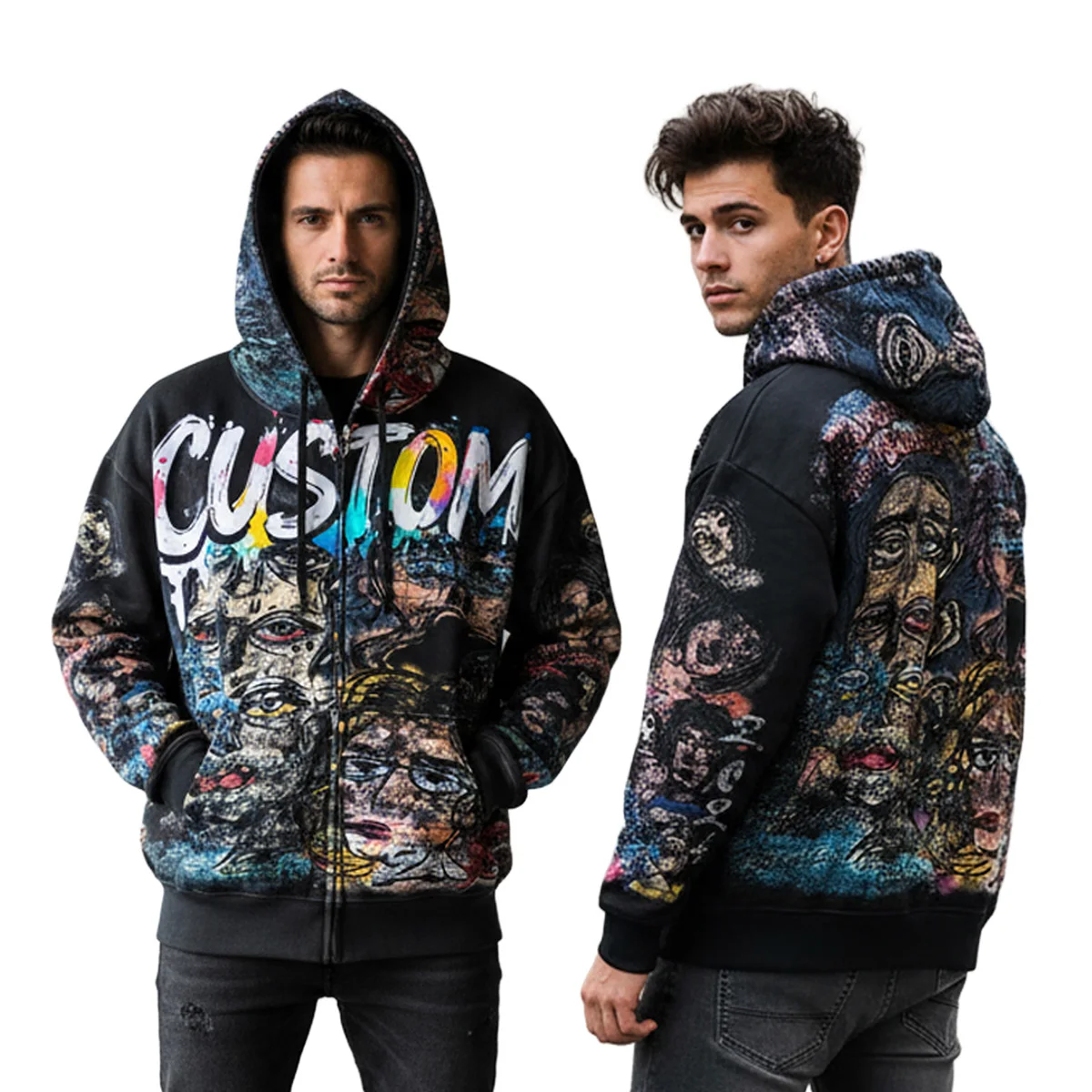Custom hoodie Boxy fit oversize vintage wash zip up heavyweight acid wash distressed custom print streetwear wholesale supplier