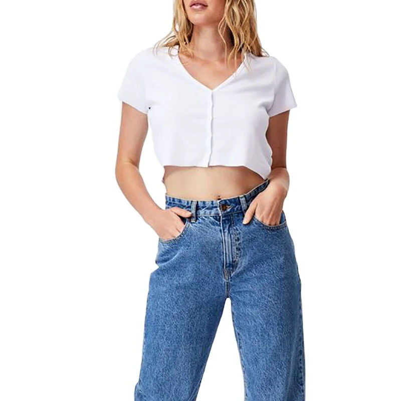 Janet Button Through Henley Short Sleeve Shirt Woman Crop Top Shirt Modelo De Blusas Para Dama
