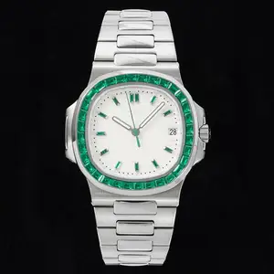 Business Classic Stainless Steel Square Watch Green Diamond Set White Dial Pointer Date Elegant Automatic Men's Mechanical Watch