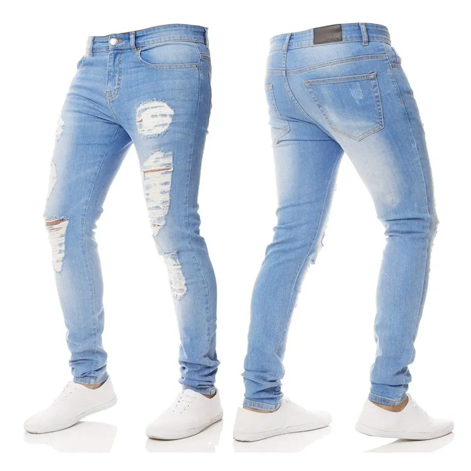 Wholesale Designers Trendy washed Pencil long Pants Black Stretch Trouser Mens Ripped Denim Slim Fit High Waisted Jeans