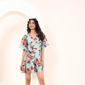 Sky Blue Floral Printed Cotton Wrap Mini Dress Comfortable Breathable Sexy Summer Natural Waist Button Decoration Big Sizes