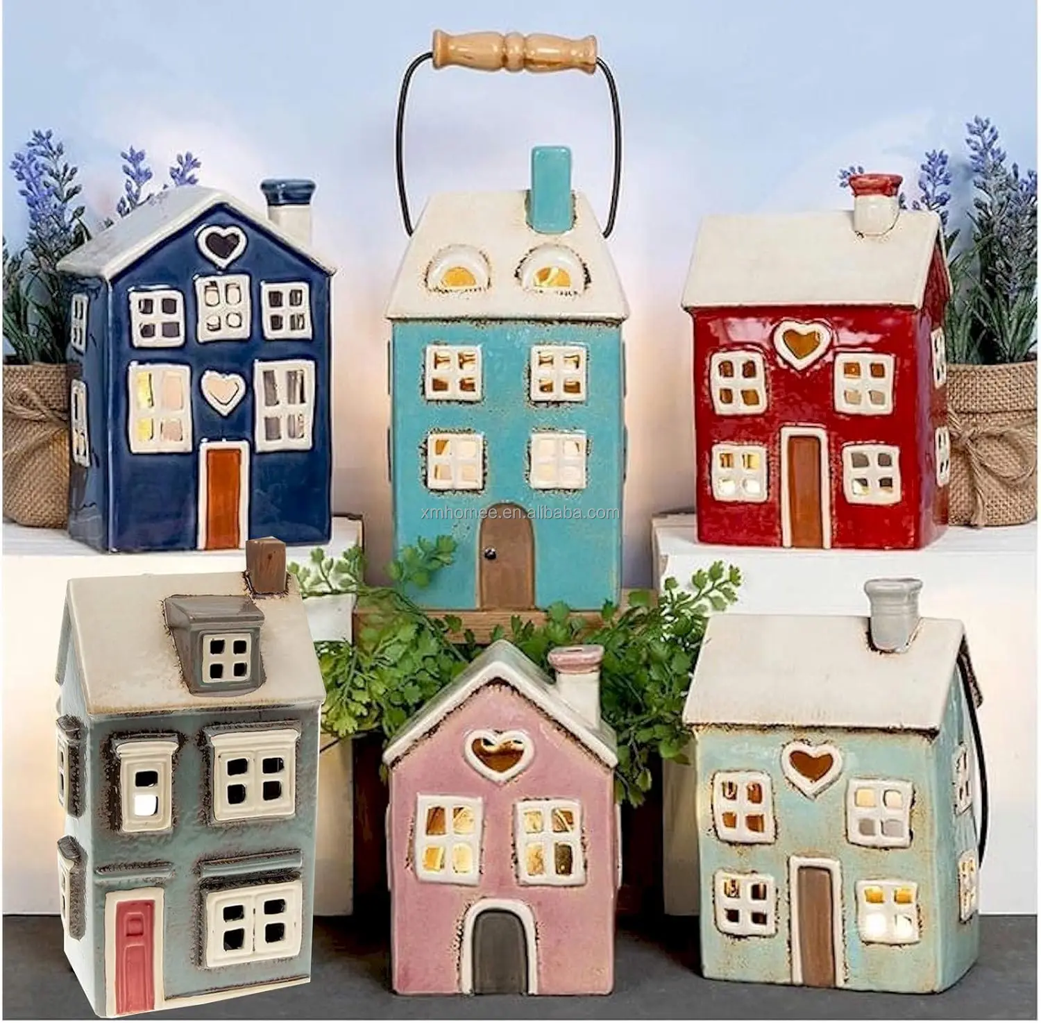 Village Pottery Navy Blue House Heart Tealight Holder Ceramic Tea Light