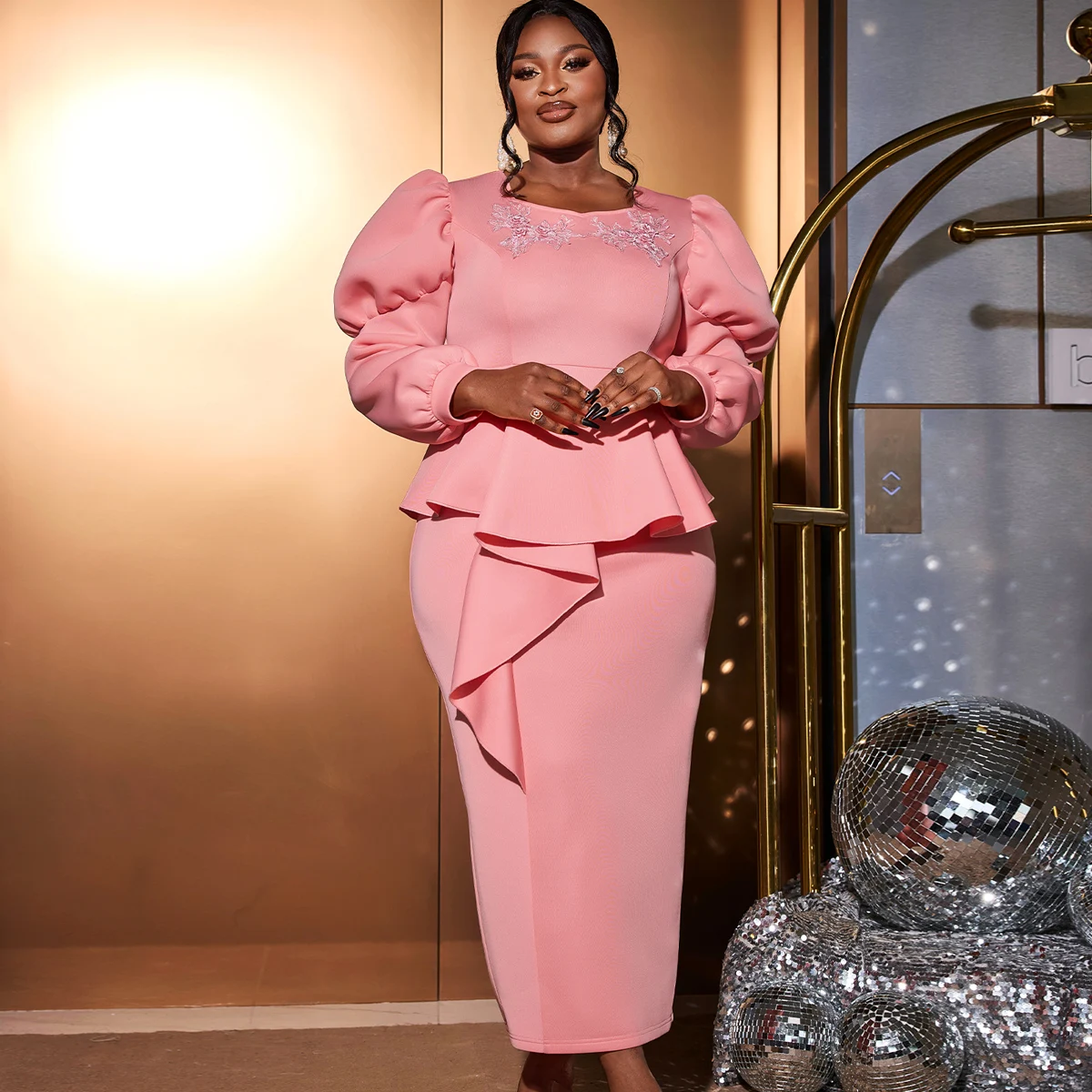 Long Puff Sleeve Square Collar Asymmetric Peplum Evening Dress With Applique