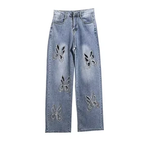 2026 Hollow Fashion Embroidered Denim Casual Streetwear Winter Sexy Mid Waist Bow Button Zippers Distressed Wash Autumn Jeans