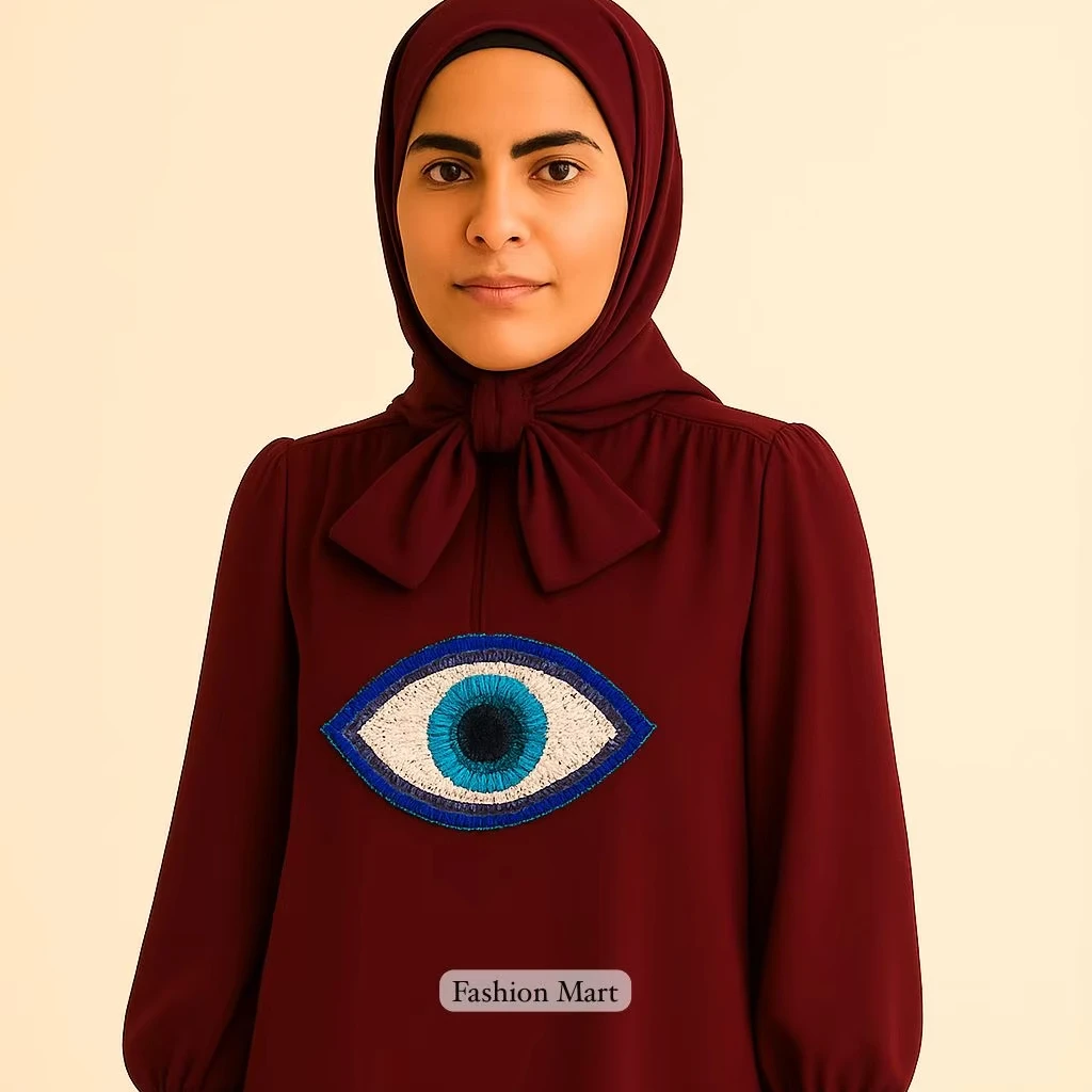 Modest Wine Red Dress With Hand Beaded Evil Eye Long Sleeve Hijab Dress  With Bow Neck Muslim Women's Elegant Abaya Gown| Alibaba.com