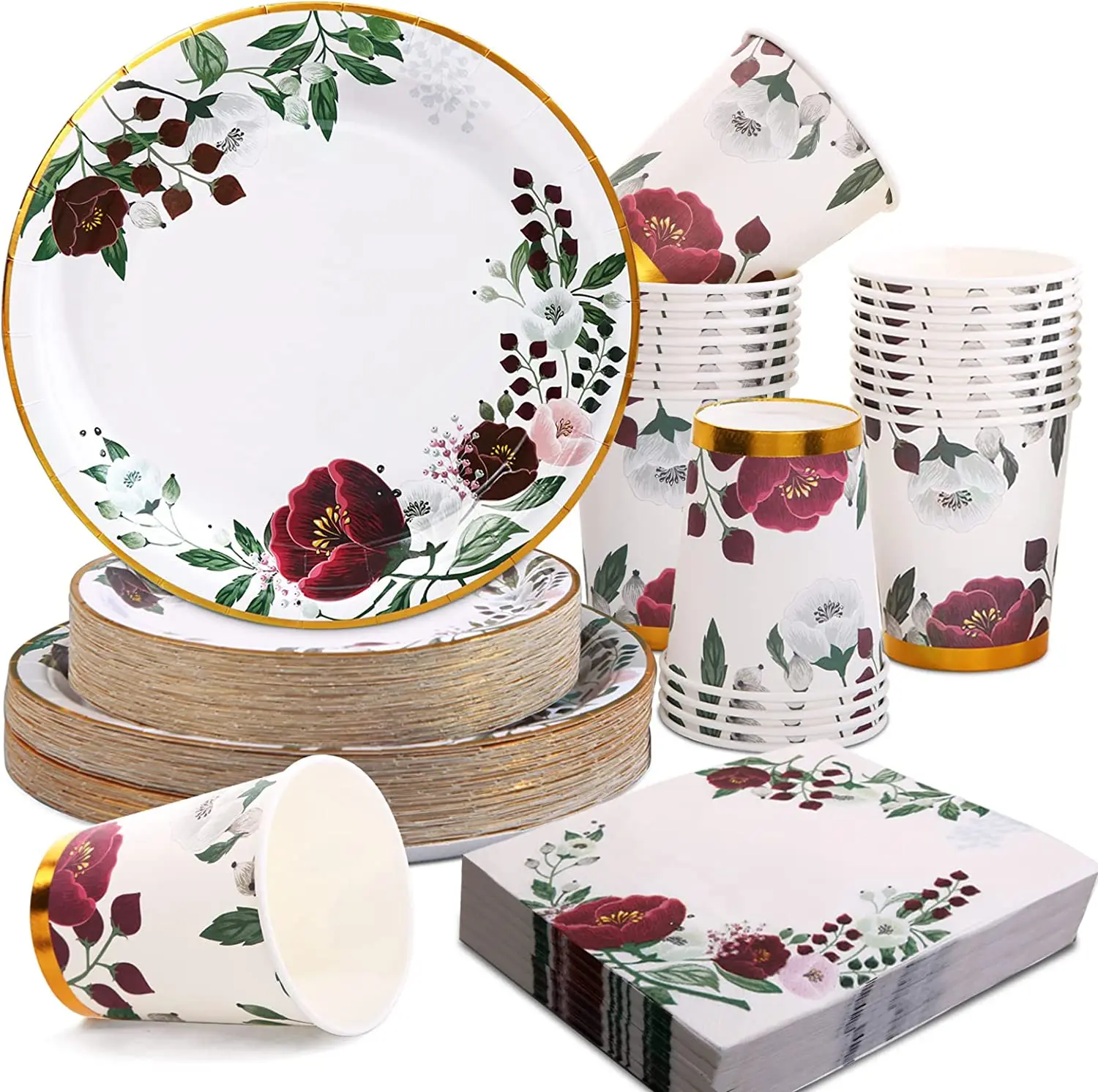 Cheap Luxury Party Supplies Wedding Disposable Tableware Sets Bridal Shower Floral Paper Plates